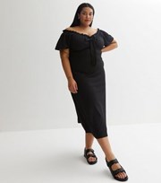 New Look Curves Black Crinkle Frill Bardot Midi Dress